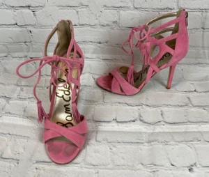 SAM EDELMAN Azela pink suede stiletto tassels sandals shoes size 8.5M - Picture 1 of 9