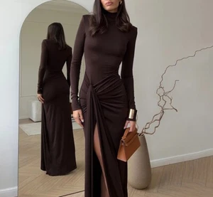 Fashion Women High-Neck Long Sleeve Splicing Strap Slim Solid Color Dress Woman - Picture 1 of 23