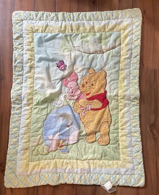 Vintage Pooh Piglet Eeyore Bird Butterfly Crib Comforter Bee Blue Yellow Blanket - Image 1 of 4