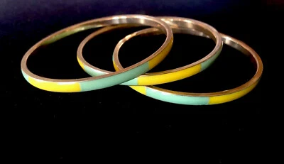 Vintage Brass Enamel Bangle Bracelets Green And Yellow Set Of 3 RETRO BOHO - Image 1 of 4