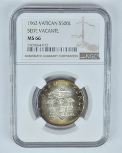 MS66 1963 Vatican 500 Lire Silver Sede Vacante NGC Toned! *8996 - Picture 1 of 3