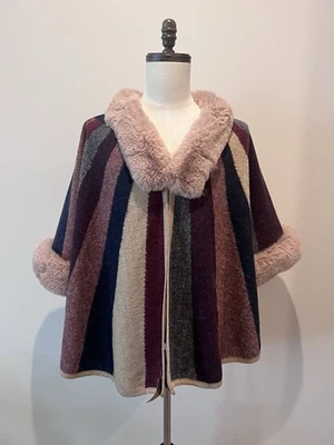 Poncho capa vintage a rayas de piel sintética para mujer elegante y elegante talla única Foto 1 de 4