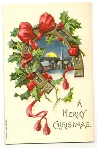 P Sander Horseshoe Red Ribbon Frame Scenic Village Church Christmas Postcard - Picture 1 of 1