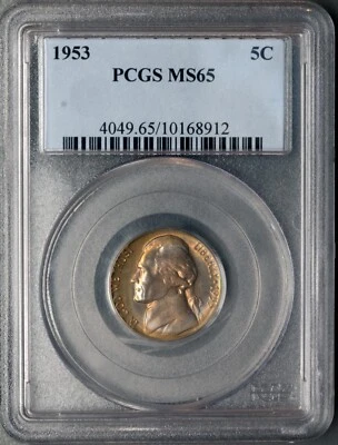 US 5c Jefferson toned 1953 coin PCGS MS65 - Image 1 of 4