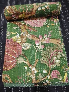 Indian Hand Block Print Quilt Kantha Bedspread Throw Cotton Blanket Green Gudari - Picture 1 of 6