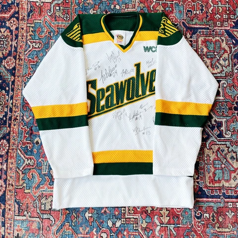 Vintage VTG 90s 1990s Seawolves Hockey Jersey WCHA USA Made 19x28 Autographed Cover