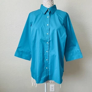 Lands End Outfitters Plus Sz 18W Turquoise 3/4 Sleeves Button Up Blouse Collared - Picture 1 of 14