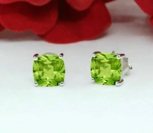 1Ct Cushion Lab Created Green Peridot Women's Stud Earring 14K White Gold Plated - Picture 1 of 7