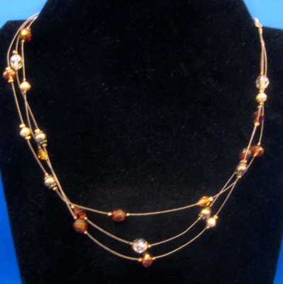 COLLAR Chicos triple hebra ilusión cuentas de vidrio ámbar perlas de cristal 20" Foto 1 de 4