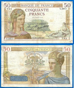 France 50 Francs 1937 25 March Serie V Ceres Europe Frcs Frc Frs Free Ship Wrld - Picture 1 of 3