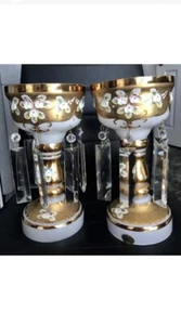 ANTIK LOOK BÖHMISCH TSCHECHISCH MOSER GLAS 2 KERZENSTÄNDER MIT PRISMENKRISTALLEN - Bild 1 von 5