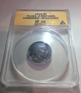 Rare Less Than 40 Exist- ANACS Certified Two Feathers Error 1916 Buffalo Nickel - Picture 1 of 4
