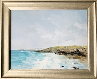 Pintura al óleo original enmarcada en oro paisaje marino costero cielo azul agua 14x17" firmada Foto 1 de 4