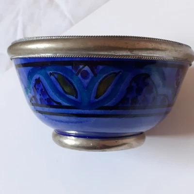 Vintage Moroccan Bowl ceramic with metal rim - Image 1 of 4