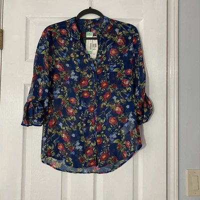 KUT from the Kloth Roll Tab Sheer Floral Navy Blue Button Blouse XS Preppy NWT - Image 1 of 3
