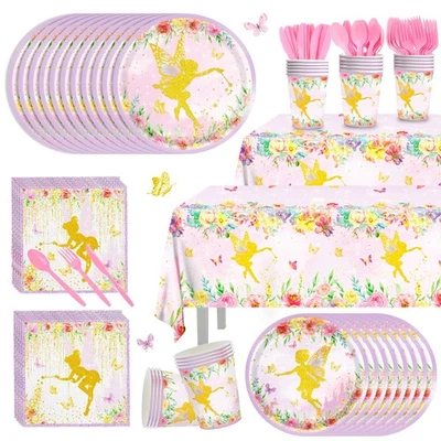170 piezas platos de fiesta de cumpleaños de hadas servilletas suministros de fiesta tazas de papel mantel... Foto 1 de 4