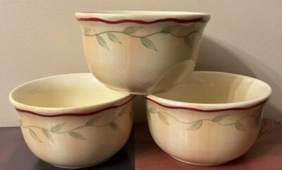 Pfaltzgraff Napoli 3 Cereal Soup Bowls 6” Hand Painted Green Leaves Red Border - Image 1 of 4