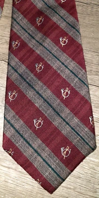Vtg Lands' End wool & silk tie - gray, maroon, & green stripes w French horns - Image 1 of 4