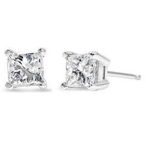 AGS Certified 14k White Gold 1 Cttw Princess-Cut Diamond Push Back Stud Earrings - Picture 1 of 8