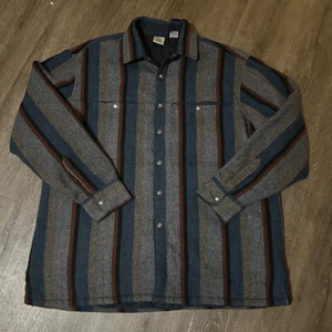 Vintage Hemdjacke Herren XL grau gestreift gesteppt gefüttert Shacket Wollmischung Druckknöpfe - Bild 1 von 10