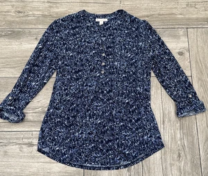 Vintage DB Established 1962 Blue V Neck Blouse Size Medium Roll Tab Sleeves - Picture 1 of 6