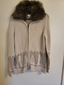 Coldwater Creek Fair Isle Wool Blend Faux Fur Collar Full Zip Sweater - Picture 1 of 8