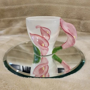 Pier 1 Imports Rare Pink Cally Lily 3D Flowers Tapered Coffee/Tea Mug - Picture 1 of 10