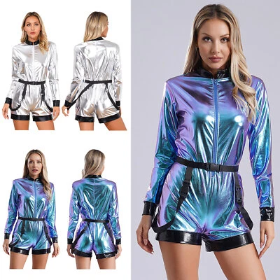 Damen Wetlook Astronauten Kostüm Body Overall Glänzende Bodysuit Faschingskostüm - Bild 1 von 3