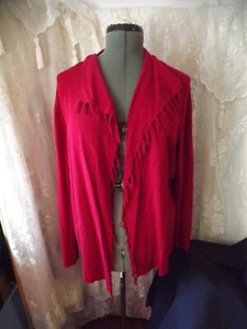 CHICO'S valentines RED CARDIGAN SWEATER SIZE 2 (L-XL) asymmetric fringed - Picture 1 of 10