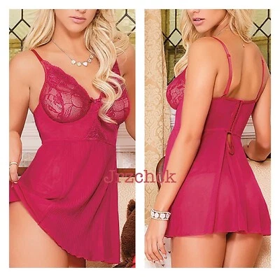 NWT Women’s Coquette Two Piece Sexy Sheer Blush Berry Babydoll G String Set XL - Image 1 of 4
