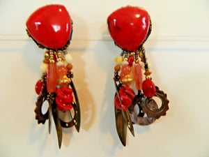 EARRINGS,RED & WHITE DANGLES W/RINGS/FLEATHERS, APPROX. 3" CLIP ON - Picture 1 of 5
