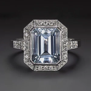 ANILLO DE CÓCTEL DE DIAMANTES AGUAMARINA 3ct estilo vintage halo oro blanco corte esmeralda - Imagen 1 de 1