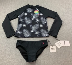 Hurley Girls' Long Sleeve Rash Guard Shirt 2-Piece Swimsuit Size 10 Black Sail - Picture 1 of 21