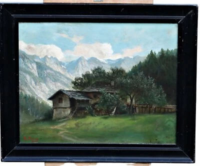 Albert Arnz (1832–1914) – Alpenlandschaft mit Hütte – Öl auf Holz – signiert - Bild 1 von 4