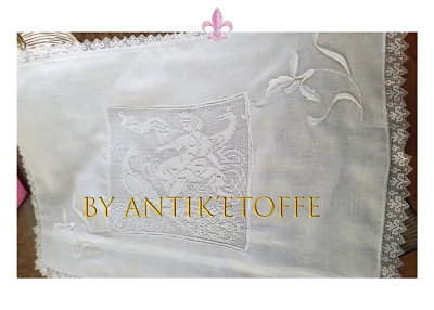Linge Ancien, Superbe housse de coussin batiste de lin et dentelle au filet, TL1 - Photo 1/4