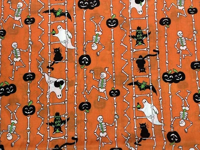 Tela Naranja Halloween Calabaza, Esqueleto, Fantasma, Murciélagos, Gato 42" X 45" Algodón Foto 1 de 3