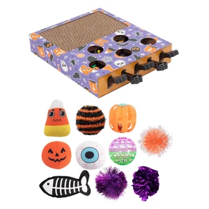Halloween Pet Toys Cat Scratcher Board Pack of 10 Catnip Infused Plush Balls - Picture 1 of 8