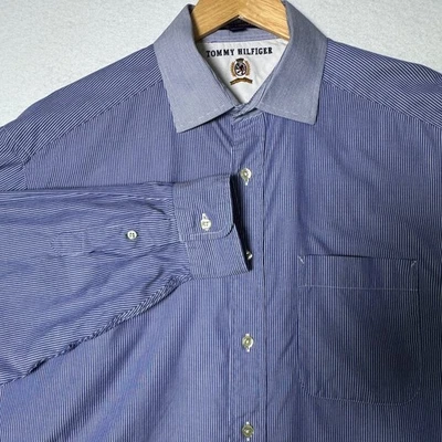 Camisa Tommy Hilfiger Para Hombres 16.5-35 Azul Rayas Abotonada Clásica Preppy Informal Foto 1 de 4