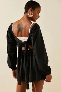 Free People open back black mini dress XS puff sleeved smocked boho - Picture 1 of 10