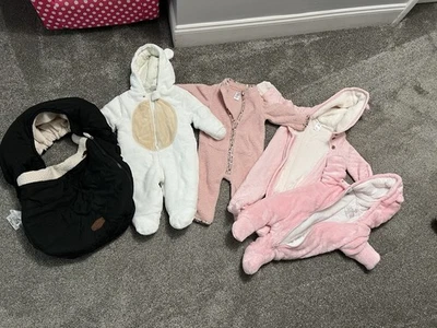 Lot of 4 Infant Snowsuits (0-3M, 3-6M, 6M) +  Winter Car Seat Carrier Cover - Image 1 of 4