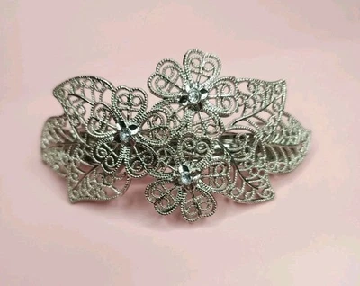 Silver Tone Floral Hair Clip Barrett Metal Filigree Rhinestones Feminine Boho - Image 1 of 4