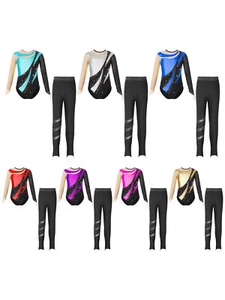 Kids Girls Outfit Rhinestones Tracksuit Figure Skating Set Long Sleeve Leggings - Picture 1 of 74