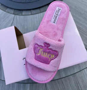 NIB Juicy Couture House Slippers Pink Multi Open Toe Heart Logo Size L (9-10) - Picture 1 of 9
