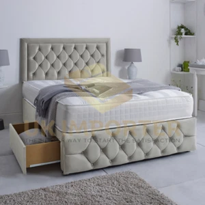 New Divan Bed Set Plush Velvet 26" Chesterfield Headboard &Footboard &Mattress - Picture 1 of 14