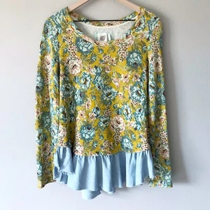 Anthropologie Lilka Goldenrod Floral Ruffled Pullover Peplum Knit Top Gold Sz M - Picture 1 of 12
