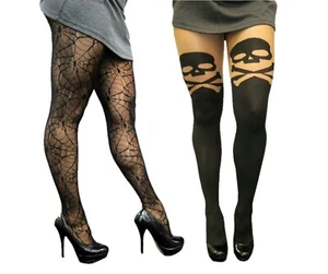 Black Faux Skull Spider Web Tights Thigh High Halloween Ladies Stockings - Picture 1 of 3