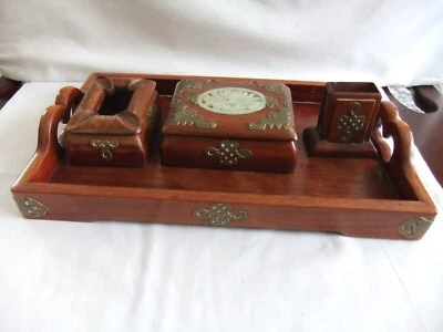 VINTAGE  CHINESE HARDWOOD TRAY WITH CIGARETTE BOX, ASH TRAY MATCHBOX HOLDER - Image 1 of 4