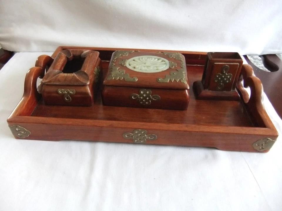 VINTAGE  CHINESE HARDWOOD TRAY WITH CIGARETTE BOX, ASH TRAY MATCHBOX HOLDER - Image 1 of 4