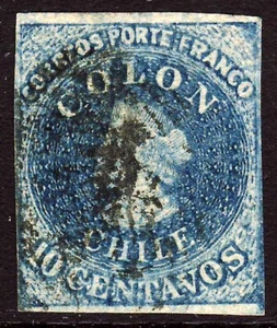 CHILE 1856-1860 10c. Impresión COLON ESTANCOS SANTIAGO Chile #8 Scott #10 SG 23 Wmk2 - Imagen 1 de 2
