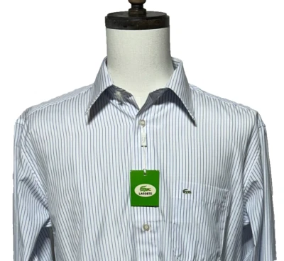 Camisa social masculina Lacoste listra branca azul 17-35-36 manga longa logotipo crocodilo nova com etiquetas - Imagem 1 de 4